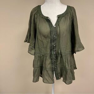 J jill olive green boho flare sleeve cotton top. Size M/L